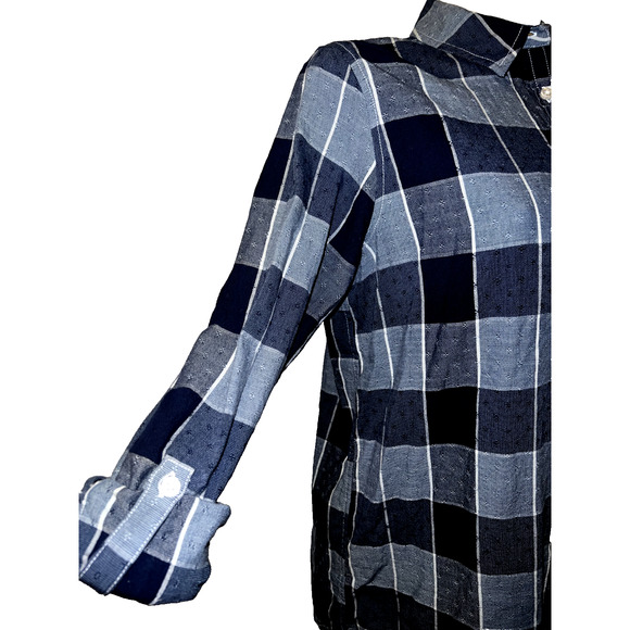 LANDS' END Top Women's Size S/T 6-8 Navy Blue Plaid Textured Roll Tab Slv Shirt - Picture 2 of 8